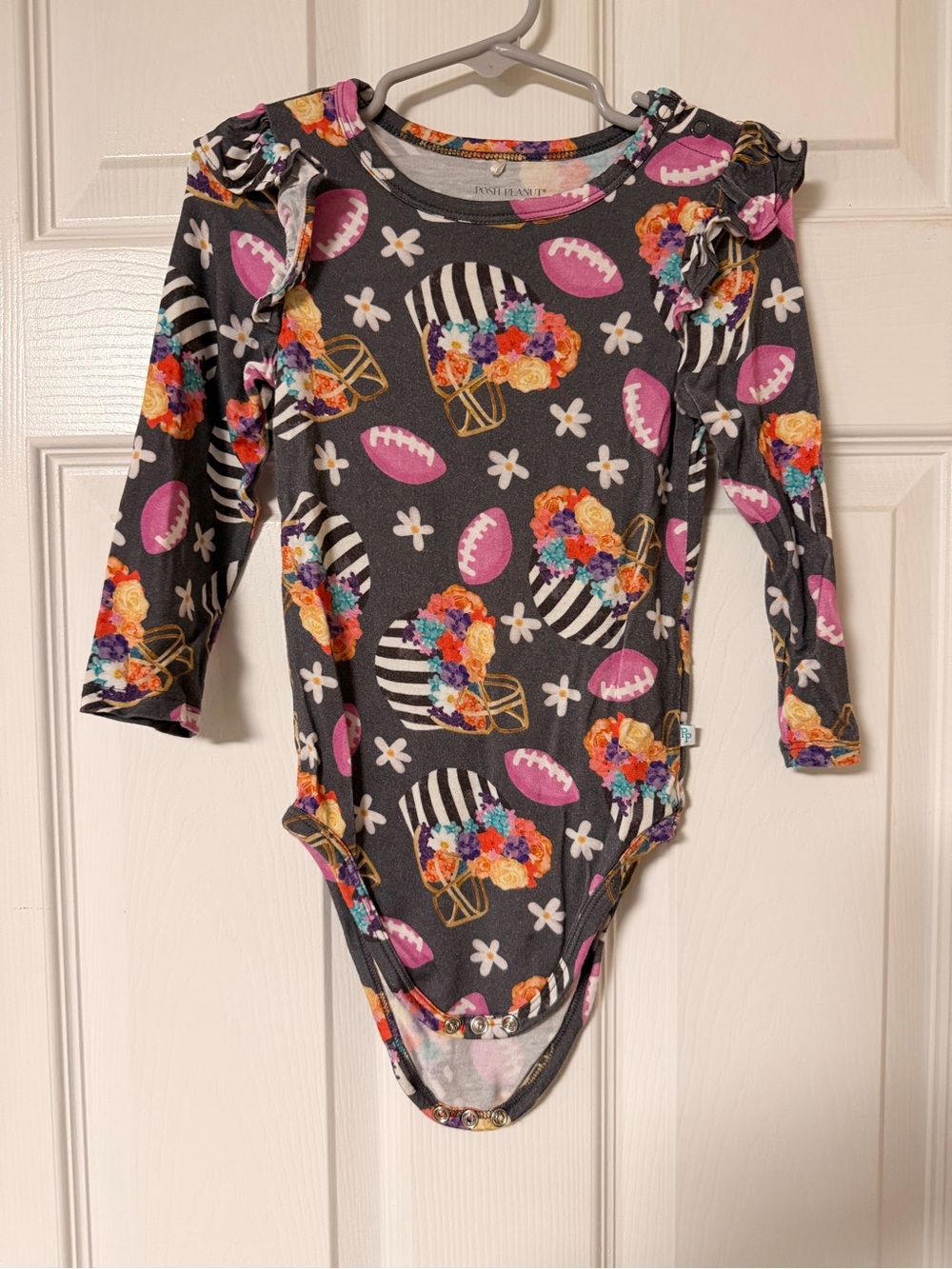 Bamboo Posh Peanut Long-Sleeve Floral Football One-Piece Bodysuit